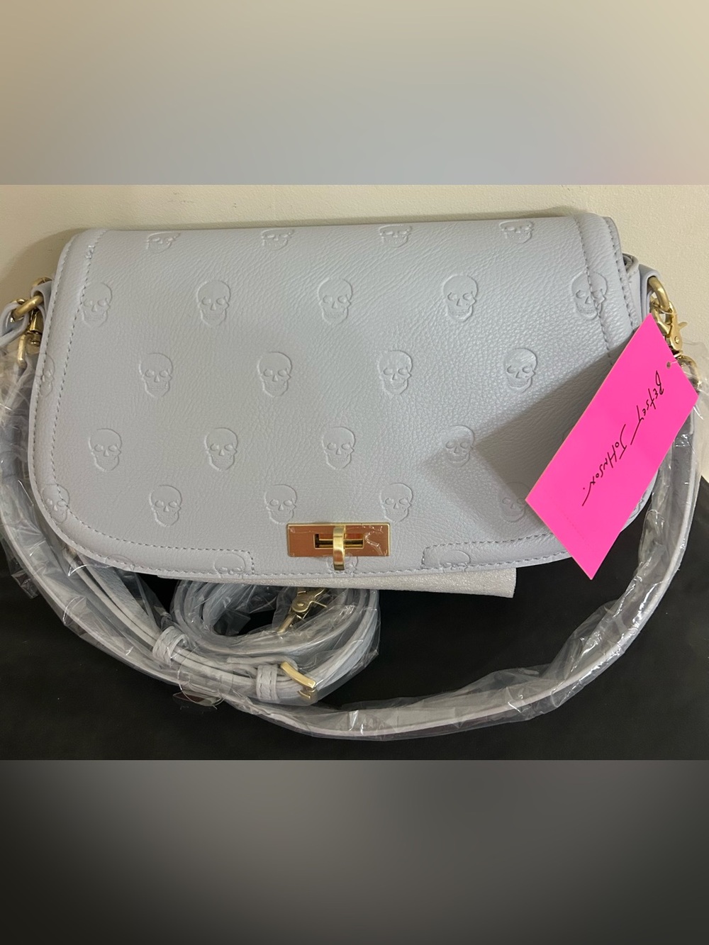 Betsey Johnson Light Blue Embossed Skull Crossbody Bag with Gold Hardware